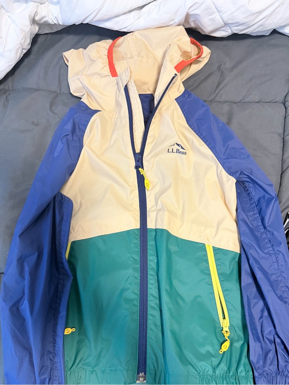 L.L. Bean Kids Colorblock Hooded Raincoat in Cream, Blue & Green